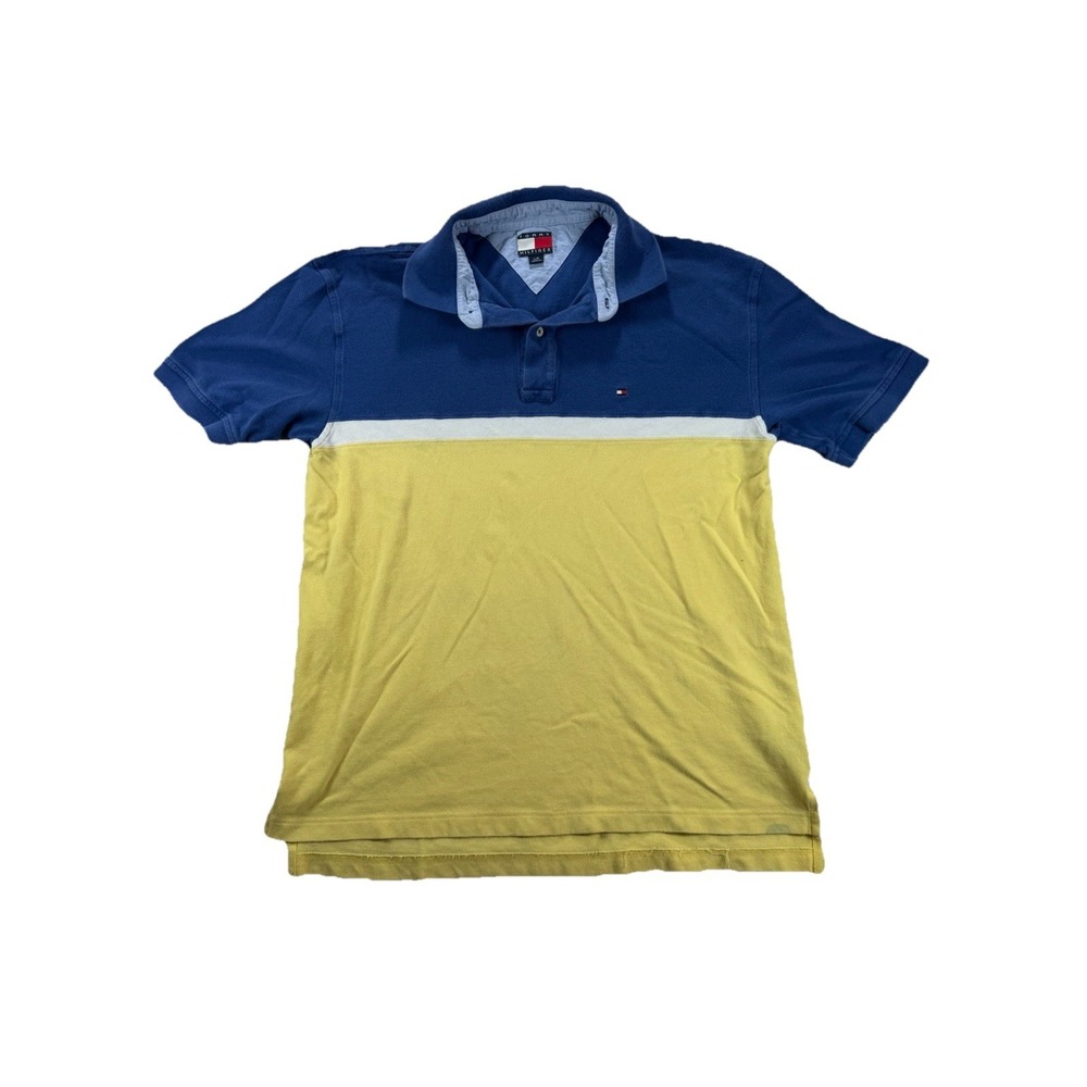 Tommy Hilfiger Polo Shirt Mens L Blue Yellow Colorblock Flag Logo Cotton Casual